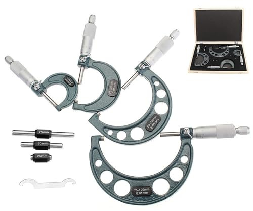 ZPFDSG Bügelmessschrauben 4-teiliges Außenmikrometer-Set, Maschinenwerkzeug, 0–4 Zoll. 0-100 mm 4 Präzisions-Hartmetall-Mikrometer-Set mit 0,01 mm Genauigkeit, Messwerkzeuge
