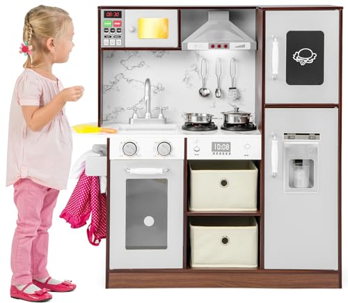 Maxmass Kids Wooden Kitchen, Pretend Play Kitchen with Light & Sound, Stoves, Microwave, Range Hood, Cookware Utensils, Little Chef Cooking Role Playset for Boys Girls (Coffee with Ice Maker)
