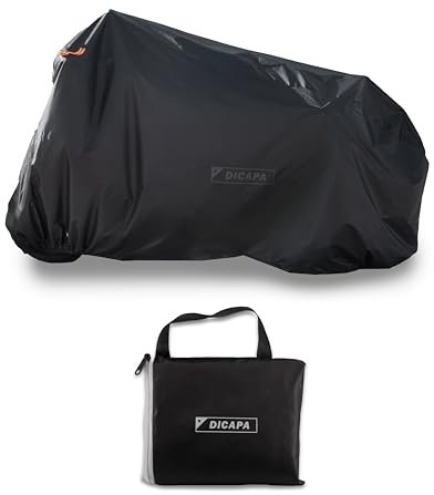 DICAPA Funda Moto Impermeable 245x105x125cm (XXL) Resistente al Agua, Viento, Nieve y Rayos UV. Funda para Moto con Sistema Antirrobo y Cierre Elástico