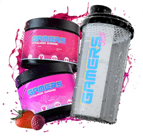 Gamers Only Vitamin Pulver Set [Zero Zucker] inkl. Shaker | Summer Strawberry Lime & Ruby Red Raspberry | 12 Vitamine & Aminosäuren | Vitamin B6, B12 & (Himbeere & Erdbeere)