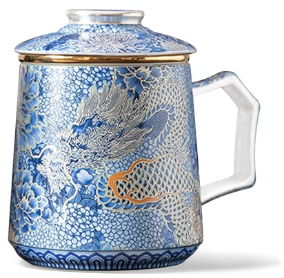 fanquare Chinese Loong Tea Cups Blue Porcelain Teacup with Infuser and Lid Large Traditional Ceramic Coffee Mug with Handle