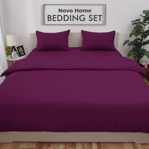 Bedding Set Double with Fitted Sheet, Duvet Cover & 2 Pillowcases – Dark Purple Microfibre 4 Piece Bed Set | Soft, Durable & Easy Care Double Bedding for All Season Comfort in Modern Bedroom
