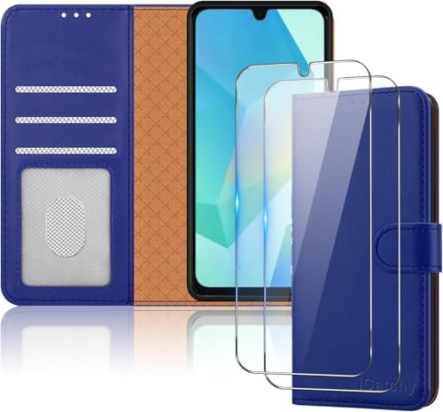 iCatchy for Samsung A16 Case with 2x Screen Protector Leather Magnetic Flip Cover Card Holder Kickstand Feature Full Protection Phone Cover Compatible with Galaxy A16 5G / 4G (Blue)