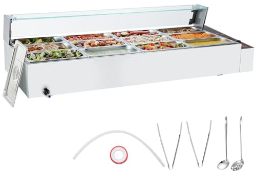 VEVOR Chauffe-Plat Buffet à 12 Bacs de 4,7 L, Bain-Marie Électrique 1700 W, Buffet Chauffant en INOX, Écran en Verre, Température Réglable 30-85 °C, pour Réchauffer Aliments Restauration Soirée Fête