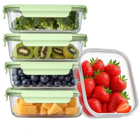 HOUSZY Meal Prep Containers, Glass, Set of 5, Mint Green, Airtight Lids | Borosilicate, airtight leakproof lids, rectangular. Freezer, microwave, dishwasher safe. Meal prep