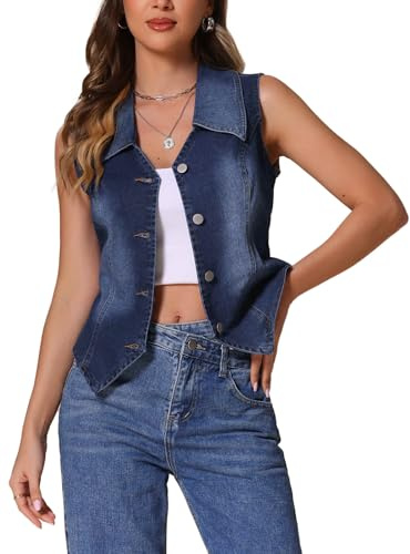Allegra K Donna Gilet Jeans Elegante Denim Con Scollo A V Giubbotto Giacca Senza Maniche Gilet Estivo Profondo blu XS