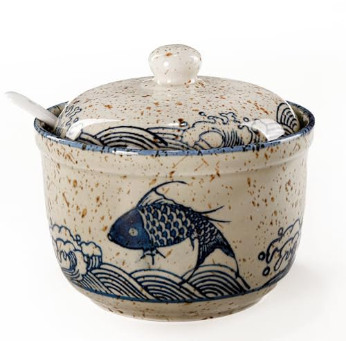 Sucrier avec cuillère - 400 ml - Pot à sucre en céramique avec couvercle et cuillère - Élégant pots à épices en porcelaine pour cuisine, maison, café bar, idéal pour le sucre, le sel, les épices