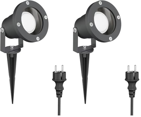 ledscom.de 2x LED Gartenstrahler DUK anthrazit mit Erdspieß für außen, IP65, inkl. GU10 Lampe (warmweiß, 5W, 450lm)
