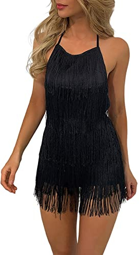 Abito da donna anni 20 Gatsby 1920er vestiti da donna nero abito a frangia da donna per ballo abito da flapper corto Charleston costume da carnevale scollo a imbuto carnevale a frangia, Nero , XS