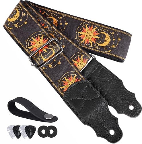 YIKOKO Guitar Strap Golden Sun, Cowhide Leather End, 2 Guitar Straps for Acoustic and Bass Electric Guitars, Free Button, 2 Strap Locks and 4 Guitar Picks