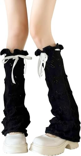 Y2K Beinstulpen für Frauen – Harajuku Gothic-Strick-Kniestrümpfe zum Schnüren, weite Beinärmel, Kawaii, japanische ausgestellte Stiefelstulpen, gerüschte Strümpfe für den täglichen Gebrauch, Schwarz ,