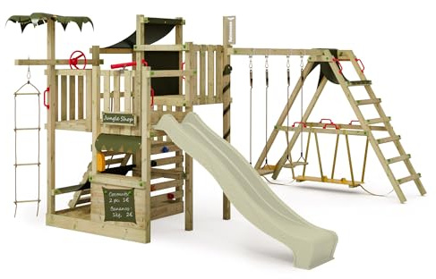 FATMOOSE Spielturm Klettergerüst CrazyCoconut Club XXL mit Surfanbau, salbeigrüner Rutsche & Plane, Outdoor Kinder Kletterturm mit Sandkasten, Leiter & Spiel-Zubehör für den Garten