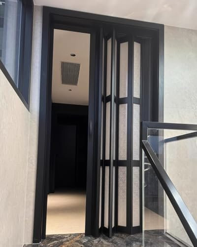 Concertina Door, Black Metal Accordion Screen Door, Foldable Security Folding Door, Retractable Sliding Gate for Hallway Doorway, Frosted Acrylic s(43x80in (109x203cm))