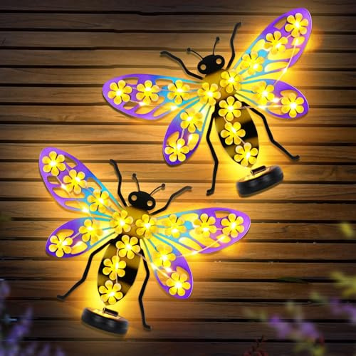 2 Pack Metal Bee Outdoor Wall Decor with 30 Led Solar Lights- 13.8 Outdoor Fence Wall Art Decor, Gift for Mom Grandma Women Birthday Gardening,Hanging Decoration for Garden Patio Porch Yard