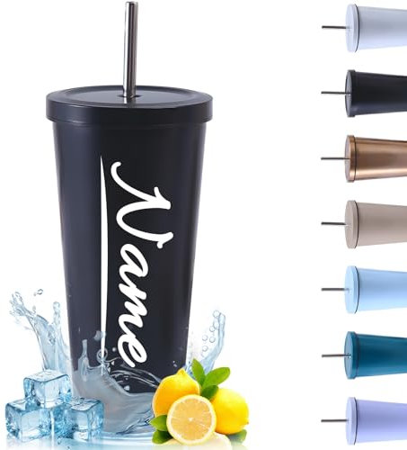 Thermobecher Personalisiert mit Namen Edelstahl Trinkbecher mit Deckel und Strohhalm Kaffeebecher to Go Thermobecher Spülmaschinenfest Autobecher Tumbler für Kalte Heiße Getränke (Schwarz, 500ml)