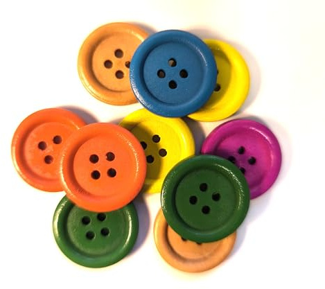 30 Premium Holzknöpfe 20mm (2,0cm) bunt rund gefärbt im zufälligen farblichen Mix Vierlochknöpfe a 1,75mm je Loch – 4-Loch-Knöpfe zum basteln nähen annähen Bastelknöpfe