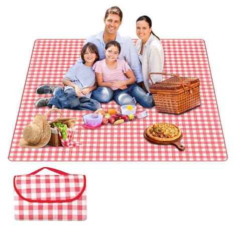 300cm*200cm Coperta picnic impermeabile，Stuoia Campeggio，Portatile Tappetino da Spiaggia Pieghevole,Coperta da Picnic con Manici per Campeggio All'aperto,Viaggi,Parchi，Spiaggia, Prato (Rosso, XL)