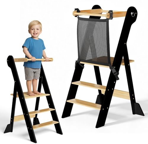 COSYLAND Torre Montessoriana Pieghevole - Torre Montessoriana Bambini Premontata con Rete di Sicurezza, Altezza Regolabile e Piedini Antiribaltamento (Nero e Naturale)