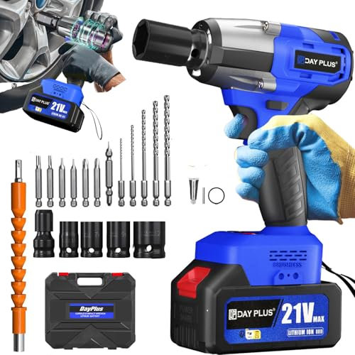 Clé à Chocs Sans Fil Brushless 550N.m，Clé à Chocs Sans Fil Brushless avec 4.0 Ah batteries,21V Boulonneuse à choc Electrique，3400RPM, clé à chocs 3 en 1 avec lumière LED 4 douilles, 12 mèches