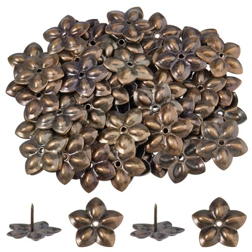 SUPERFINDINGS 100Pcs Upholstery Tacks Flower Vintage Upholstery Nails Antique Bronze Upholstery Decorative Tacks Sofa Foam Nails for Chair Bed Furniture Decoration