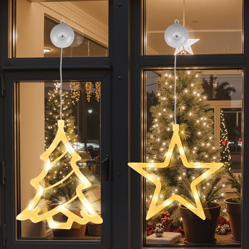 LEDYA Christmas Window Lights, 2 Pack Christmas Window Decorations Battery Operated with Suction Cup & Timer Function, Warm White Indoor Fairy Lights for Window, Party & Home Décor