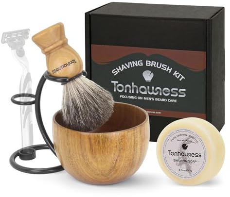 Kit de blaireau de rasage 4 en 1 pour homme comprenant une brosse de rasage en poils de blaireau, un bol en bois, un support de rasage en acier inoxydable et un savon de rasage au lait de chèvre
