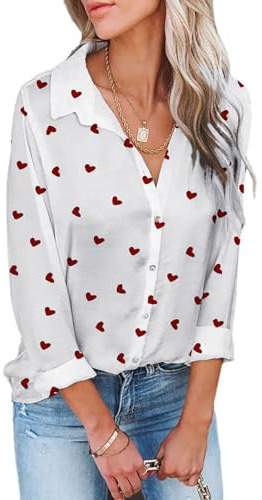 PZUYBZQ Damen Hemd Mit Knopfleiste, Bluse Mit V-Ausschnitt Und Herz-Print, Mode-Langarm-Oberteil Mit Roter Lippen-Stickerei(White Heart,L)