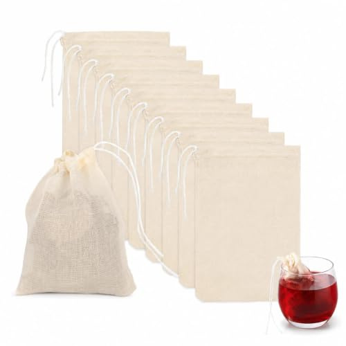 Livawnd 10 Pack Cotton Muslin Drawstring Bags - Reusable Tea & Spice Filter Sachets for Crafting, Soap Making, Herbal Soaking and Slag Filtration (Small Hessian Bags)