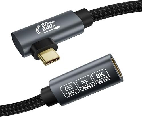 EUDOBEL 8K USB C Förlängning 2m (USBC 3.2 20Gbps, PD3.1 240W 48V/5A, Vinkel 90 Grad) Video 4K@144 Hz/60Hz USB C Förlängningskabel för Thunderbolt 4, PSVR2, iPad, MacBook, iPhone17/16