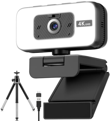 Danyesth Cámara web 4K con luz y zoom, cámara USB para ordenador con micrófono, cobertura de privacidad y luz antiinterferencias, cámara web 4K UHD de enfoque automático para monitor de ordenador