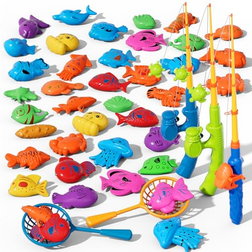 BLmukce Magnetic Fishing Pool Toys Game for Kids Toddlers Ages 3-5 4-8, with Fishing Rod & Net, Plastic Floating Fish - Bath Time Water Play Outdoor Educational Learning Birthday Gifts (45PCS)