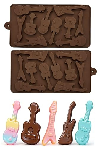 SEABABOO Silicone Mould for Guitar Fondant, 10 Cavities 3D Chocolate Figurines Theme Music Molds, Silicone Guitar Mould for Biscuits Candy Pudding Cakes Decor, 1 Piece