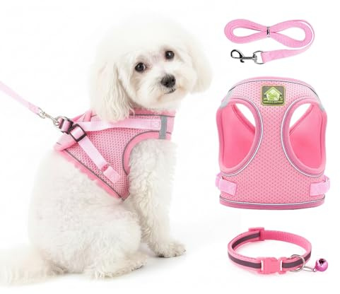 3 Piece Puppy Harness and Lead Sets XS - Pink Reflective Soft Mesh Vest with Collar - Adjustable Extra Small Dog Harness for 8 to 12 Weeks Puppies - Breathable Walking Training Gear