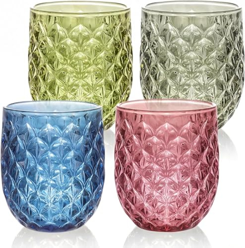 Ulable Vintage Floral Embossed Tumbler Glasses Set of 4, 360ml | Heavy-Duty Glass Tumblers For Whisky, Beer, Juice & Wine, 4 Color Set, Embossed Floral Pattern, Dishwasher Safe