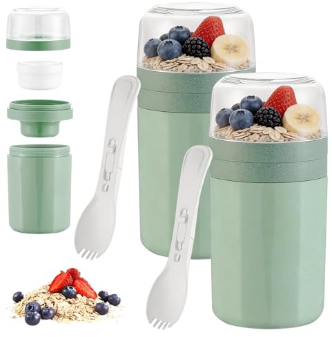 2 Stück Müslibecher To Go 520ML+50ML+250ML Auslaufsicherer Joghurtbecher To Go mit Löffel, 3-Schicht-Design mit Soßenbox Müsli To Go Becher für Joghurt Müsli Porridge Suppen mit Reinigungsbürste