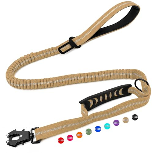 Olcyren Laisse Tactique pour Chien, Laisse Élastique Réfléchissante Robuste avec Ceinture de Sécurité pour Chien, 1.15m-1.75m, Anti-Traction, Dog Leash, pour Chiens de Taille Moyenne et Grande, Kaki