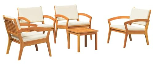 PUGYNBK Bistro-Set Akazienholz 5-teilig mit Kissen, Sitzgruppe braun Polyester für Garten Terrasse, wetterfestes Bistrotisch Set