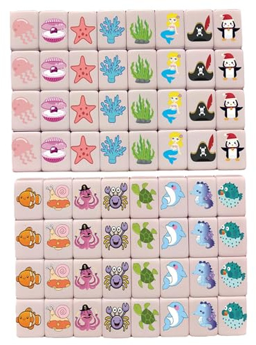 BeVistoso Set da gioco Mahjong per bambini con graziose tessere di creature oceaniche per viaggi divertenti in famiglia, mini tessere da 24 mm