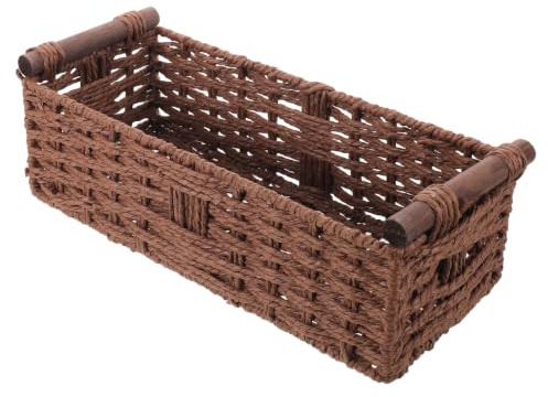 VICASKY Panier de Rangement Tressé en Corde de Papier avec Poignées en Bois, Style Rustique, pour Papier Toilette et Cosmétiques, pour Salle de Bain et Dessus de Réservoir