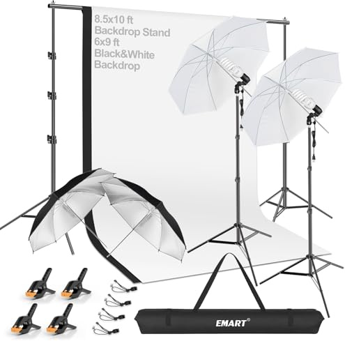 EMART 8.5x10ft Photography Backdrop Kit with 400W 5500K Daylight Umbrella Continuous Lighting Set, Black & White Backgrounds for Photo Studio Product, Photoshoot, Portrait Shoot