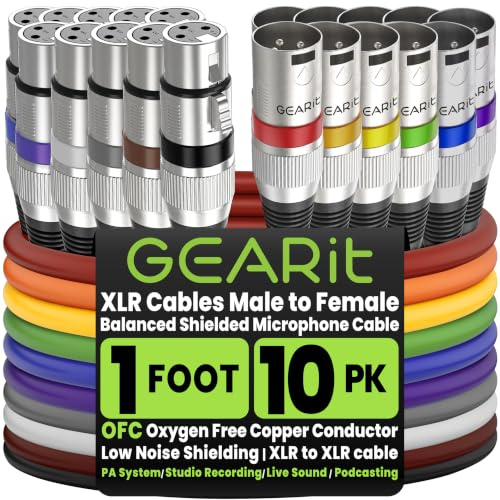 GearIT XLR Microphone Cable - 10 Pack (1 Feet, Multi Colored, 1Ft) - 3-Pin Balanced Shielded XLR Male to Female Mic Cable for Mic Mixer, Recording Studio, Podcast