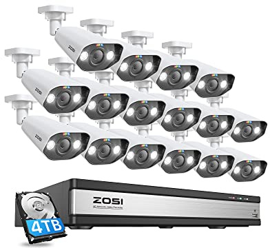 ZOSI 4K Überwachungskamera Aussen Set, 16X 8MP PoE Kamera, 16CH NVR 4TB HDD | KI Personen- und Fahrzeugerkennung, Spotlight/Sirene-Alarm, Farbnachtsicht, 2-Wege-Audio, 24/7 Aufnahme