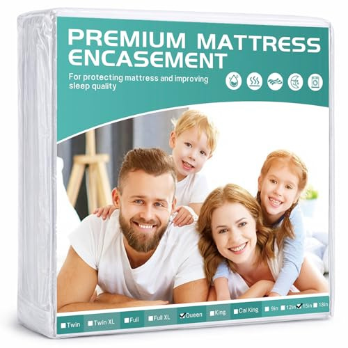Queen Mattress Protector Waterproof Fits 12/13 /14/15 Inch Deep, 6-Sides Zippered Mattress Encasement Cover Terry Top