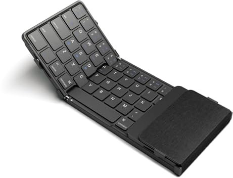Docooler Foldable Wireless Keyboard BT5.1 Mobile Phone Tablet PC Triple System Universal Business Leather Portable Keyboard Pocket Size Portable BT Wireless Keyboard with Touchpad Rechargeable