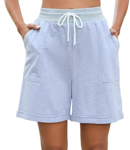 Shorts för kvinnor i 100 % bomull med dragsko pyjamas korta byxor elastisk justerbar dragsko med fickor sommar sportshorts för yoga jogging fitness, Ljusgrå, L