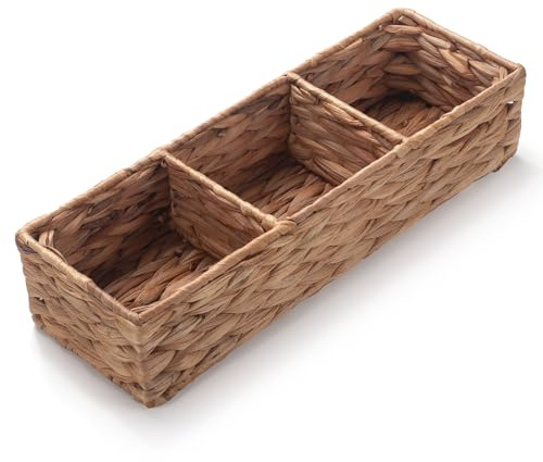 Wasserhyazinthe Aufbewahrungskörbe Geflochten Rechteckig mit 3 Fächern Pad und Tampon Organizer für Badezimmer 37cm x 12cm x 8cm