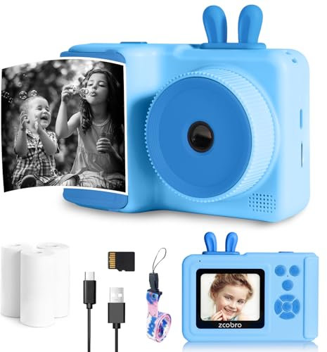 Appareil Photo Numérique Instantané, 2,4 Écran 1080P HD Caméra Enfant avec Papier d'impression & Carte SD, Mini Appareil Photo Rechargeable Caméra Vidéo, Cadeau pour Filles Garçons de 3-14 Ans (Bleu)