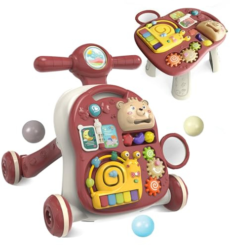 KalaDuck 3 In 1 Lauflernwagen und Spieltisch, Baby Laufhilfe mit Abnehmbaren Multifunktionale Aktivitätszentren, Sitz-auf-Steh Lernlaufwagen ab 6 Monate, Baby Musikalisches Lernspielzeug (Tiefrot)