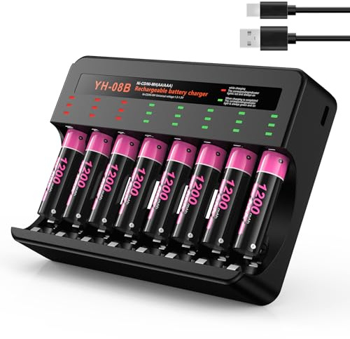 BOANV 8 Pcs 1200mAh AAA rechargeable Battery and 8 Slot USB-C Battery Charger Quick Charge for AA AAA Rechargeable (8 Slot charger+8 AAA battery)