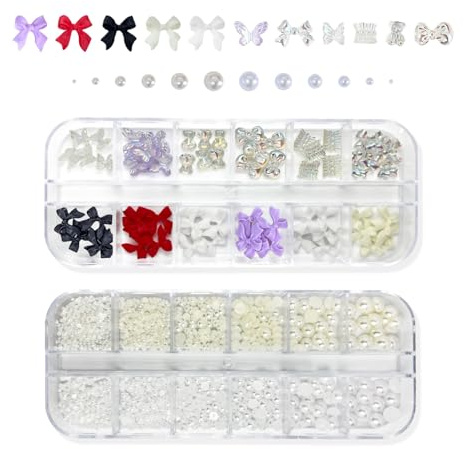REMMUSSS 24 Rejillas 3D Decoración de Uñas, DIY Diseño de Arte de Uñas, Decoración de Uñas Accesorios para Mujeres y Niñas, Lazo de Color Mixto, Perlas de Fondo Plano, Oso Aurora, Mariposa